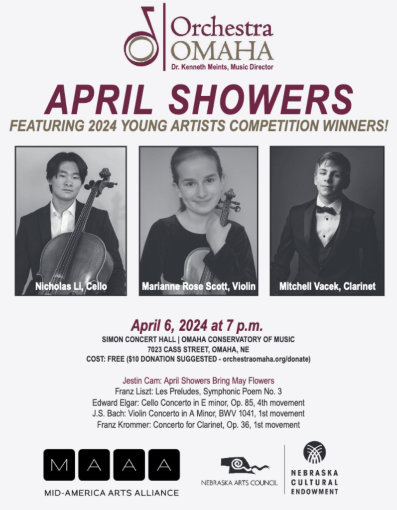 April Showers concert poster featuring the 2024 Young Artist competition winners. Showing photos of Nicholas Lie, Marianne Rose Scott, and Mitchell Vacek dressed up.